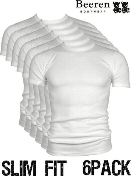 Beeren heren T-Shirt - Ronde Hals - maat M - 6-Pack - Wit - Slim Fit