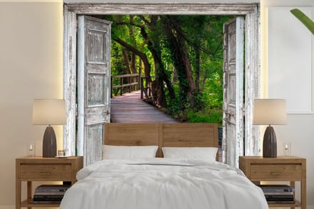 Behang - Fotobehang Brug - Bos - Doorkijk - Breedte 220 cm x hoogte 220 cm