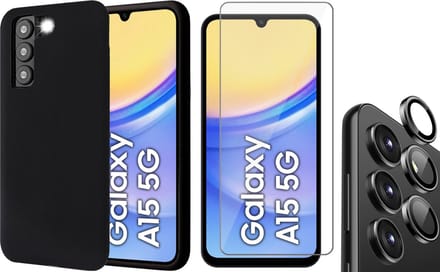 Hoesje geschikt voor Samsung Galaxy A15 - Screenprotector Glas & Camera Protector - Mat Back Case Zwart