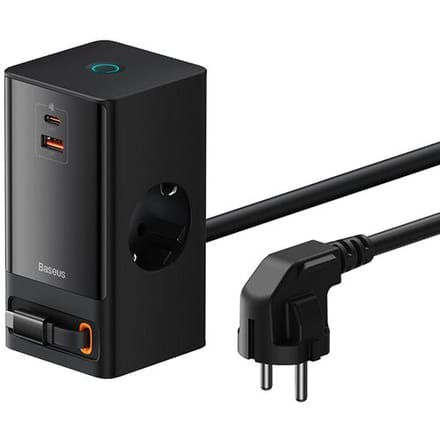 Baseus PowerCombo digitale stekkerdoos 2 AC-aansluitingen + 1 USB-A + 1 USB-C + intrekbare USB-C 65 W met 1,5 m netsnoer EU zwart