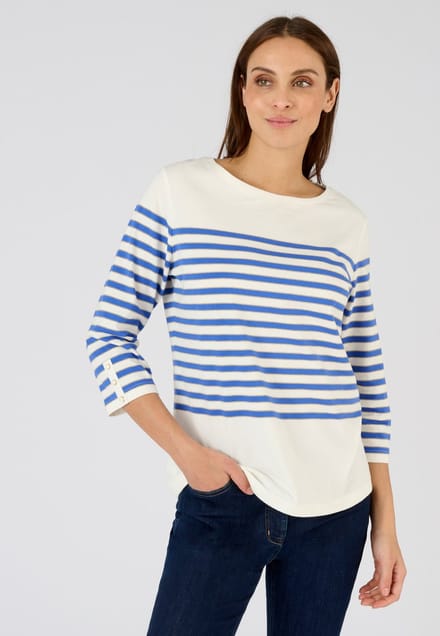 Damart - Glanzende marinière met driekwartsmouwen - Dames - Wit - L
