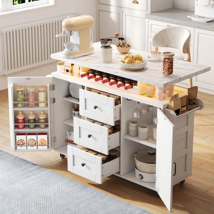 Clruro Mobiel Keukeneiland - Klapbaar Werkblad + 5 Rollen + Deurrek + Wijnrek & Glashouder - 120×42(60)×93 cm - MDF - Wit