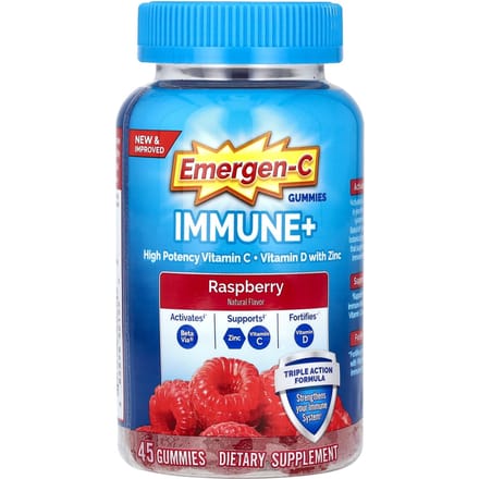 Emergen-C, Immune+ Vitamine C + Vitamine D, zinkgummies, framboos, 45 gummies