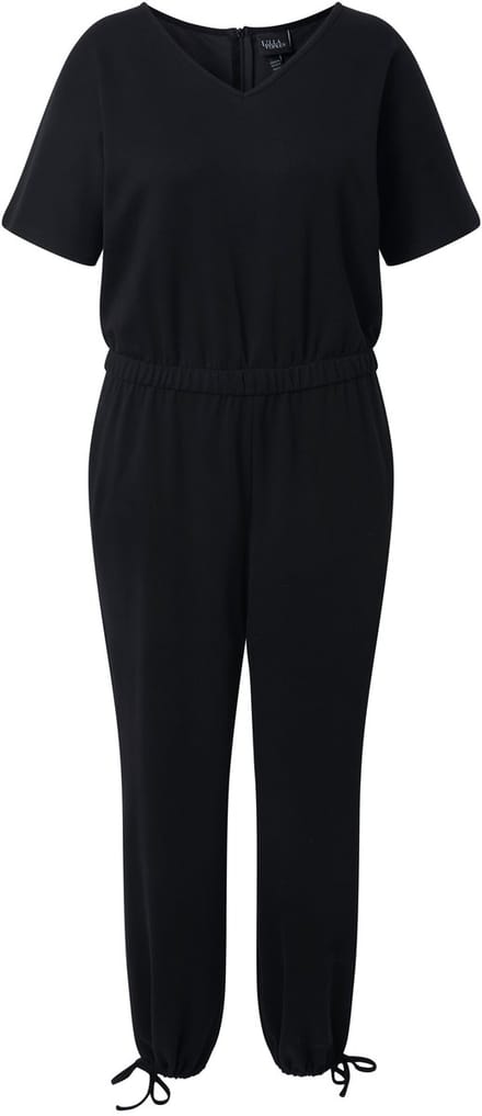 Ulla Popken - Dames - Jumpsuit V-hals elastische taille korte vleermuismouwen - Zwart - Maat 56