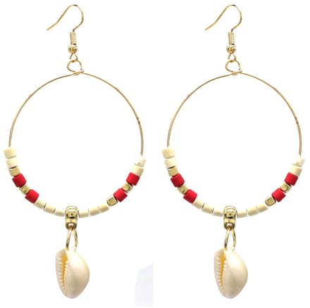 Oorbellen Rond - Schelp en Kralen - 8x4,5 cm - Rood