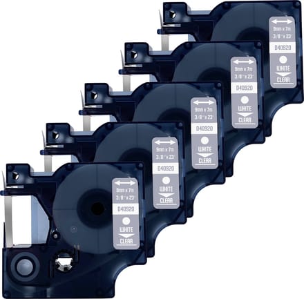 DULA Dymo D1 40920 Compatible label tape - 5 lettertapes - Wit op transparant - 9mm x 7m