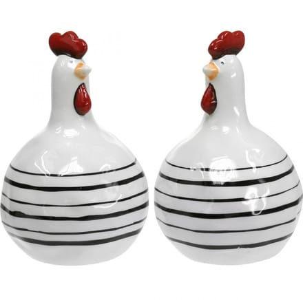 Decoratief kip zwart-wit gestreept keramiek figuur Pasen H17cm 2st, 2