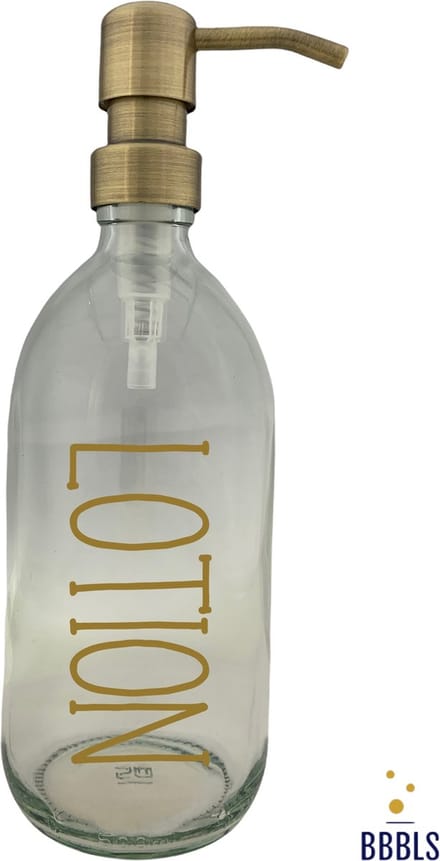BBBLS® Design Dispenser "Lotion" | Transparant Glas | 500ml | RVS / Metaal Pomp Goud | Zeeppomp | Zeepdispenser | Zeephouder