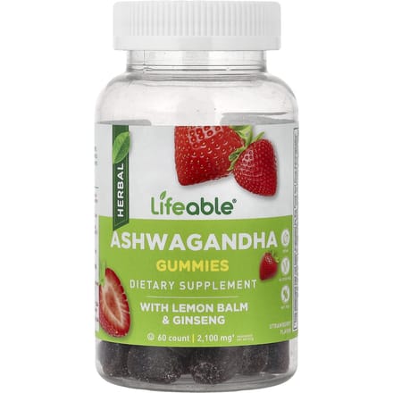 Lifeable, Ashwagandha Gummies, Citroenmelisse, Ginseng en Aardbei, 60 Gummies