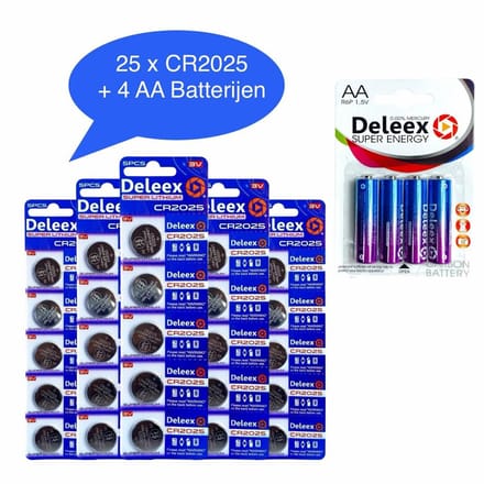 DELEEX CR2025 (5x5 strips) - Totaal 25 Stuks Knoopcel LITHIUM batterijen + 4 stuks AA penlite