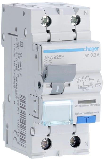 Hager HACO aardlekautomaat 25A 300mA type A 1P+N C-kar 6kA DIN-rail (AFA925H)