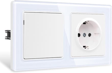 Dubbele Wandschakelaar met Stopcontact Wit - Inbouwmodel met Glazen Frame