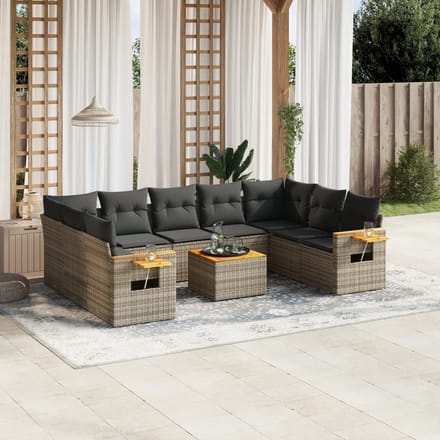 vidaXL - 10-delige - Loungeset - met - kussens - poly - rattan - grijs