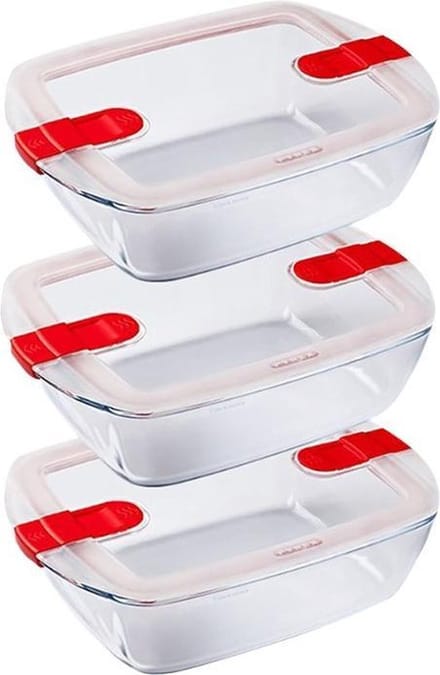 Pyrex - Cook & Heat Schaal 1,1 liter Rechthoek Set van 3 Stuks - Transparant/Rood