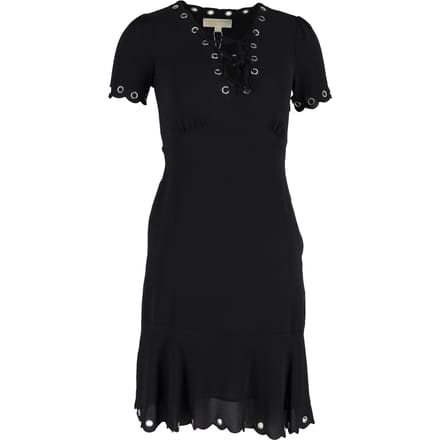 Michael Kors jurk met oogjes en vetersluiting, geschulpte rand, in zwart polyester