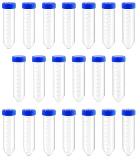 Set van 20 Plastic Conische Testbuizen voor Laboratoriumexperimenten, 50 ml met Schroefdoppen en Stepped Design