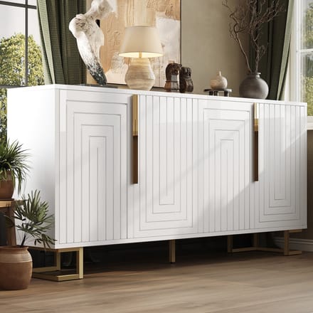 Dressoir - 152x40x75 cm - Geometrisch Design Met Gouden Grepen En Poten - Hout - Wit