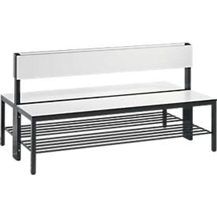 Basic Plus bank, 2-zijdig, met rugleuning en schoenenrek, 4-poots frame zwartgrijs RAL 7021, B 1500 mm, decor wit