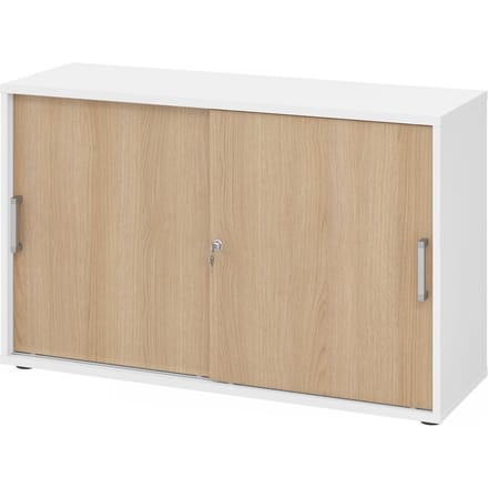 Schuifdeurkast TARVIS, 2 ordnerhoogten, B 1200 x D 400 x H 748 mm, afsluitbaar & stapelbaar, wit/wilde eikenpatroon