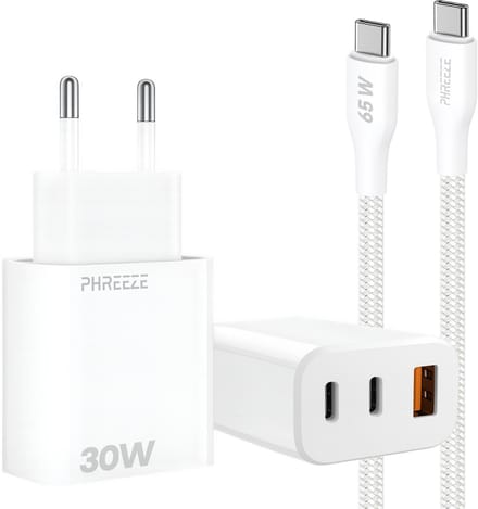 30w usb adapter met 3 poorten 2x Usb met usb C kabel 1m wit snellader