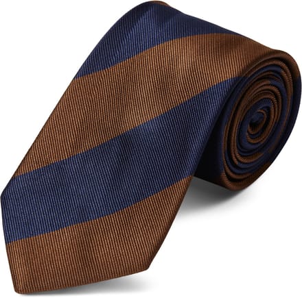 Gestreepte 8 cm Brede Zijden Stropdas in Bruin en Marineblauw