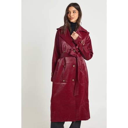 boohoo Dames Croc Faux Leather Trench Coat | Red | Maat: 8