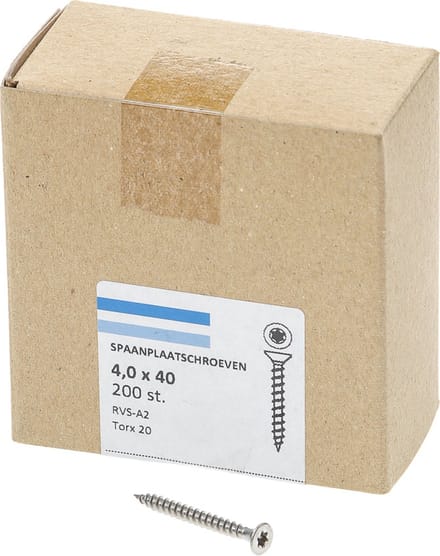 Hoenderdaal Spaanplaatschroef RVS platverzonken kop TX20 voldraad 4.0X40 (per 200 stuks)