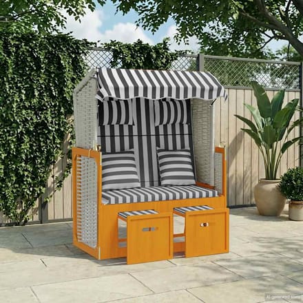 vidaXL - Strandstoel - met - kussens - poly - rattan - en - hout - wit - en - grijs