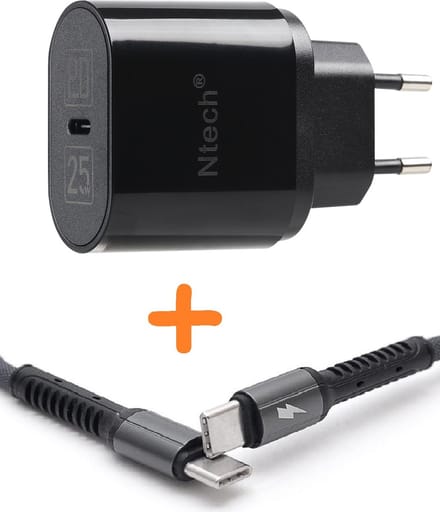 USB C Adapter 25W Snellader Met USB C naar USB C kabel 1M- Zwart