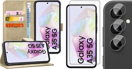 Hoesje geschikt voor Samsung Galaxy A35 - Screenprotector Glas & Camera - Portemonnee Book Case Goud