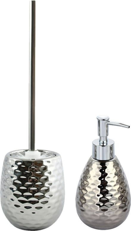 MSV Toiletborstel in houder 41 cm/zeeppompje 260 ml set Phoenix - Polyresin/rvs - gehamerd zilver