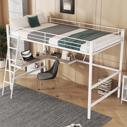 Sweiko Hoogslaper 90x200 cm, bureau en planken, metalen bedframe, zonder matras, wit