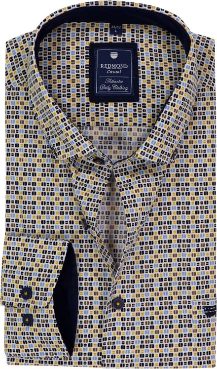 Redmond comfort fit overhemd - popeline - wit met blauw - geel en bruin dessin