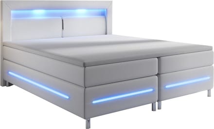 Boxspringbed / Boxspring Norfolk - 140 x 200 cm - Wit - LED - Incl. Matras & Topper