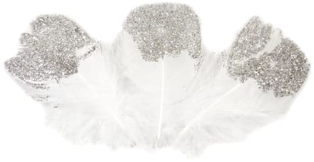 HOBI - 25 witte en zilveren glitterveren 7,5 cm voor decoratie