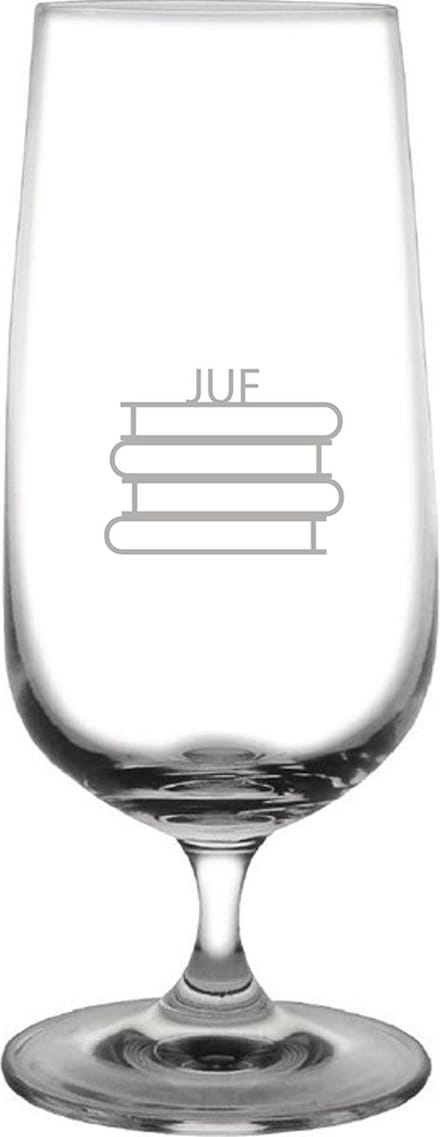 Gegraveerde bierglas op voet 41cl Juf met boeken