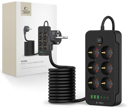 Tech-Protect - Stekkerdoos met 3 USB C en 3 USB A - Aan/Uit Schakelaar - 6 Stopcontacten - Zwart