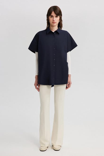 Touché Privé - Blouse met korte mouwen en biesriem - Marine - Dames