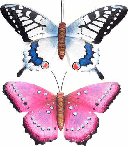 Vlinders - 2x - metaal 48 x 30 cm - blauw/roze