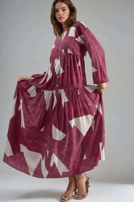 Geprinte Lange Mouw Viscose Maxi Jurk