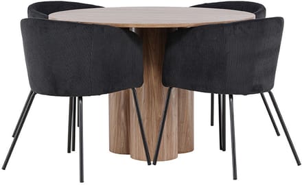Olivia eethoek tafel Ø110cm en 4 fluwelen stoelen met armleuningen bruin.