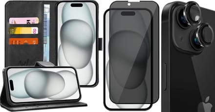 Hoesje geschikt voor iPhone 15 Plus - Privacy Screenprotector FullGuard & Camera Lens Screen Protector Zwart - Book Case Kunstleer Pasjeshouder Zwart