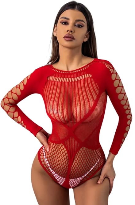 LekkerStout Transparante Rode Body Met Visnetmouwen - Sexy Body String - One Size XS/M | ( LS279 )