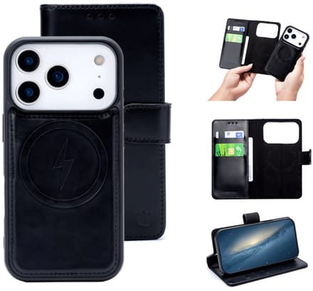 Cityhoesje-2in1 Bookcase Echt Leer Magsafe-iPhone 17 Pro Max-18 Pro Max – Zwart