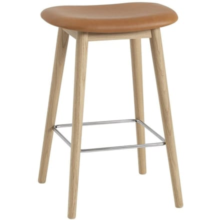 Muuto - Fiber barkruk - houten onderstel - Leer cognac - frame eiken - H65 - bruin