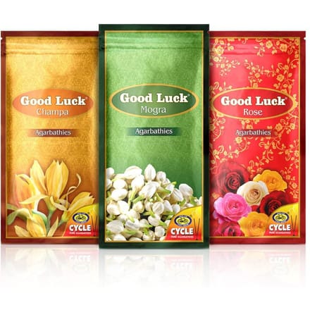 Cycle Pure Agarbathi GoodLuck Pack Combo Spécial Bâtonnets d'Encens Champa Mogra Rose 3 Sachets(220 g par Sachet) green