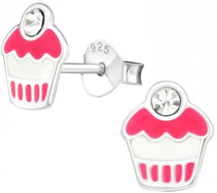Joy|S - Zilveren cupcake oorbellen - 7 x 9 mm - roze wit - kristal