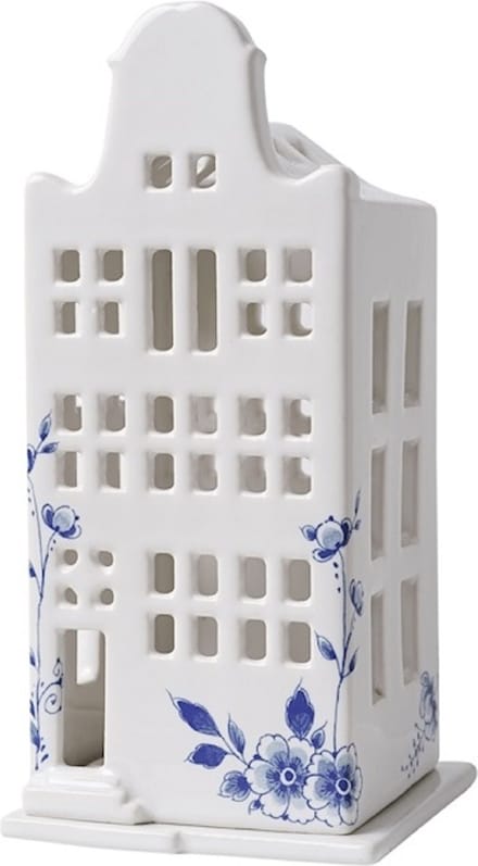 Heinen Delfts Blauw - Waxinelichthouder huis - klokgevel - Delfts blauw - 17 cm