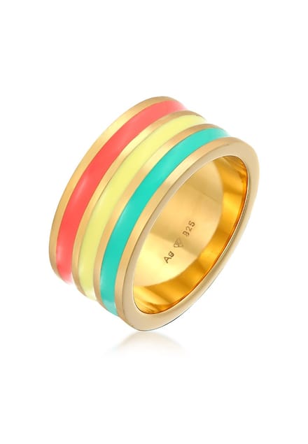 Elli - Ring - Dames Band Brede Groeven Trend met Email Bont in 925 Sterling Zilver Verguld - Dames