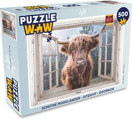 Puzzel Schotse hooglander - Uitzicht - Doorkijk - Legpuzzel - Puzzel 500 stukjes